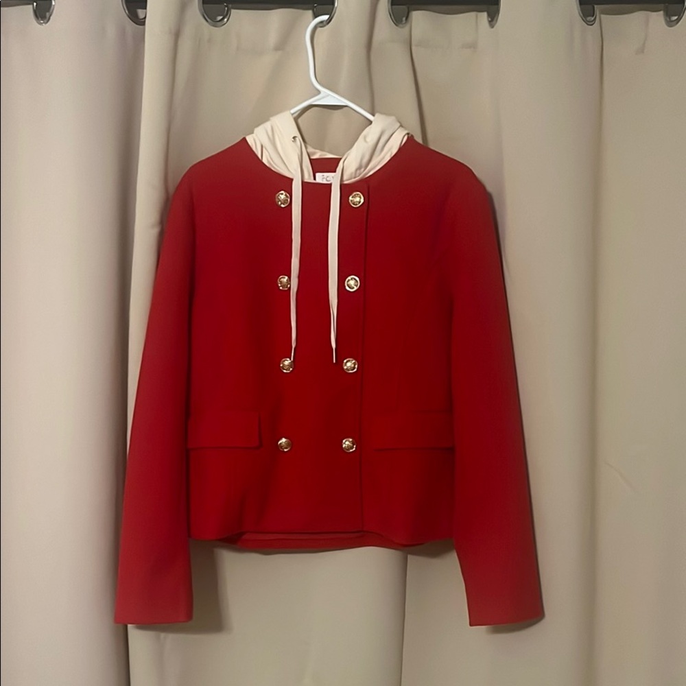 Red Double-Breasted Jacket with Cream Hood